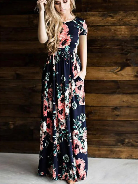 Elegant Floral Print Maxi Dress - Boho Beach Style for Spring and Summer