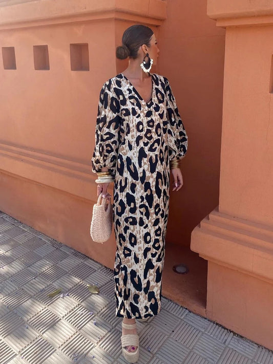 Elegant Leopard Print Maxi Dress - Sexy V-Neck Long Sleeve Beach Style for Summer