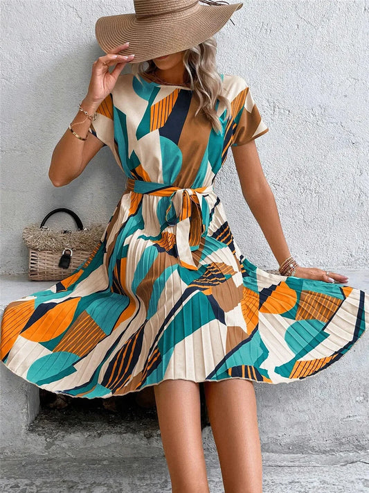 Elegant Print Lace-Up Knee-Length Dress - Round Neck Pleated Summer Dress