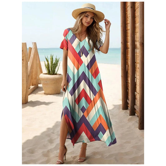 Elegant Geometric Color Block V-Neck Dress - Short Sleeve Mid-Calf Slit Skirt for Summer Holidays
