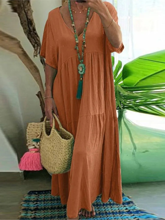 Elegant V-Neck Irregular Cotton Blended Long Swing Dress - Summer Casual Vintage Style